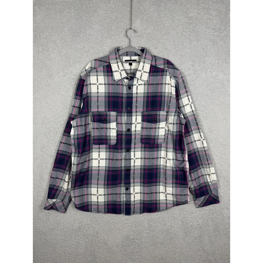 Diesel Plaid Button Up Shirt Men‎ 2XL Multicolor Logo Print Long Sleeve Cotton